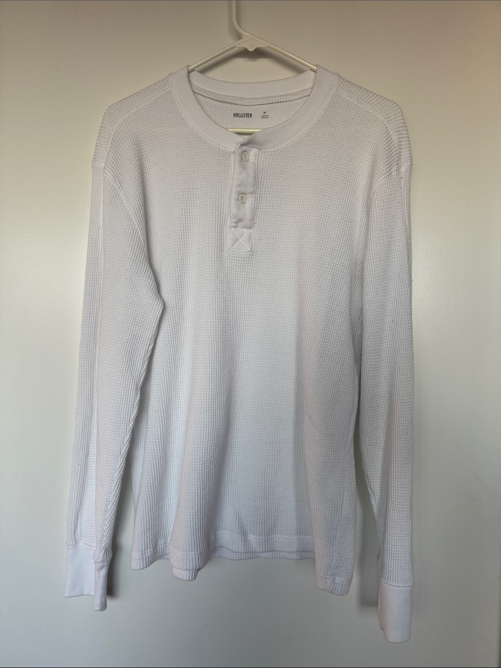 Hollister Men's White Long-Sleeve Waffle Henley Shirt - Button Placket